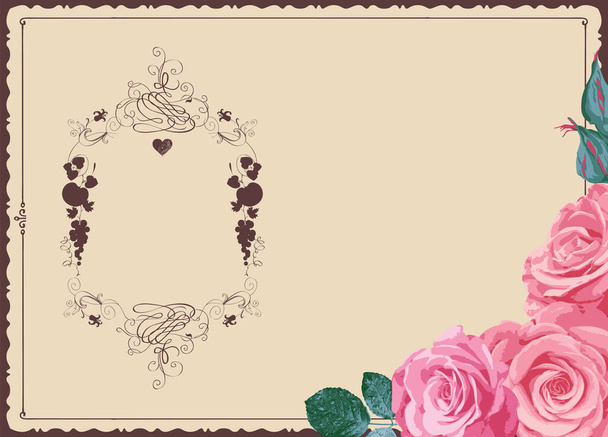 Vector background with place for text, beautiful pink roses and ornate frame with curlicues on an old paper. Romantic greeting card, invitation, price tag or label with festive design in vintage style - Vetor, Imagem