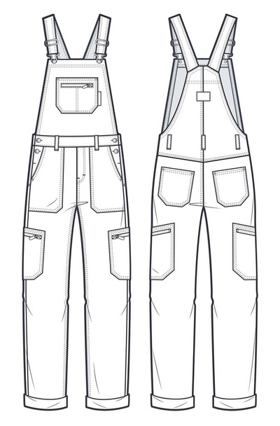 Unisex Denim Dungaree, Jumpsuit fashion flat technical drawing template. Jumpsuit fashion illustration with full length, pockets, oversized, front, back view, white, women, men, unisex CAD mockup. - Vector, Image