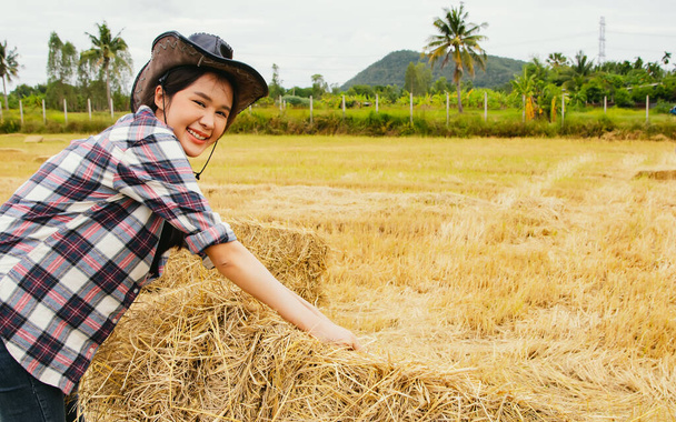 Asian woman farmer in outdoor work hat collecting dry rice straw in rice field happy and smiling satisfied with the produce and selling rice straw as agricultural commodity. - Photo, Image