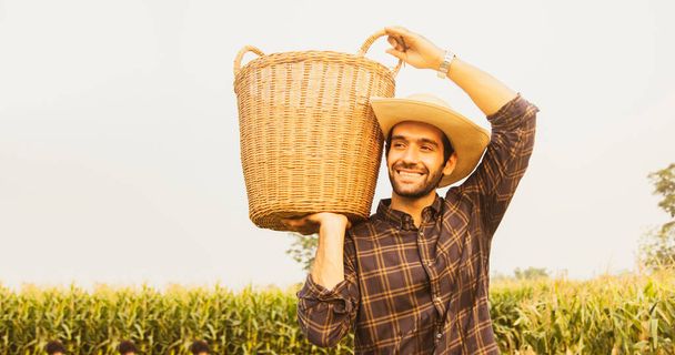 Gioioso agricoltore maschio guardò la fattoria di mais con sorriso e con orgoglio portando il cesto sulla spalla per lavorare per raccogliere alcune delle colture che aveva piantato nel campo di mais.. - Foto, immagini