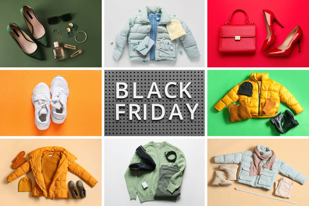 Collection of stylish clothes and text BLACK FRIDAY on color background - Photo, Image