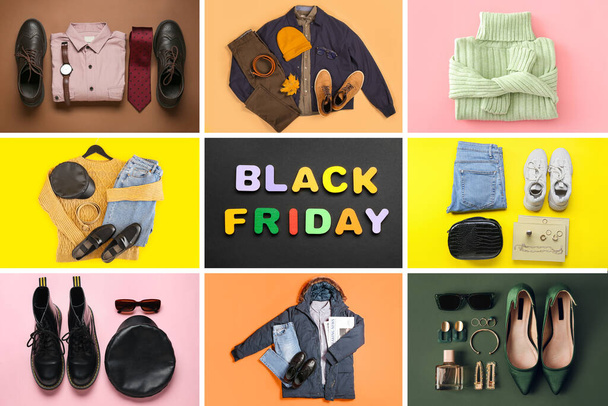 Set of stylish clothes and text BLACK FRIDAY on color background - Photo, Image