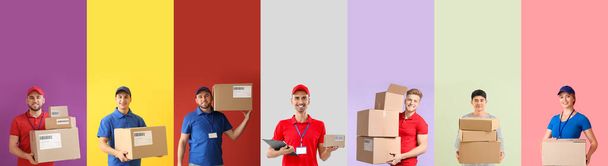 Set of couriers with parcels on colorful background - Photo, Image