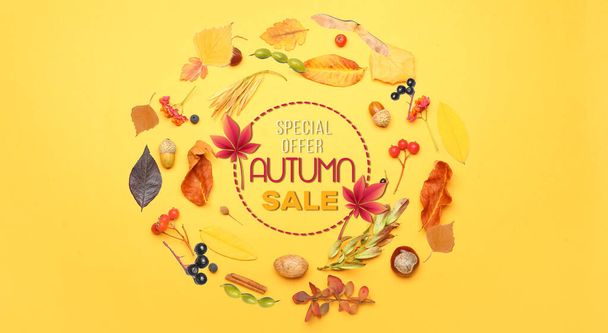 Banner para la venta de otoño con hojas secas sobre fondo amarillo - Foto, imagen
