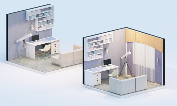 Isometric view of a interior design of study room Orthographic view 3d rendering architectural Design - Valokuva, kuva