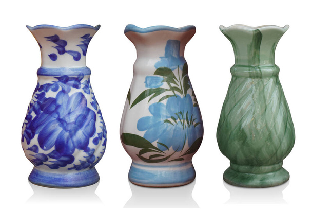 three ceramic vase on white background, object, decor, accessories, copy space - Foto, Imagem