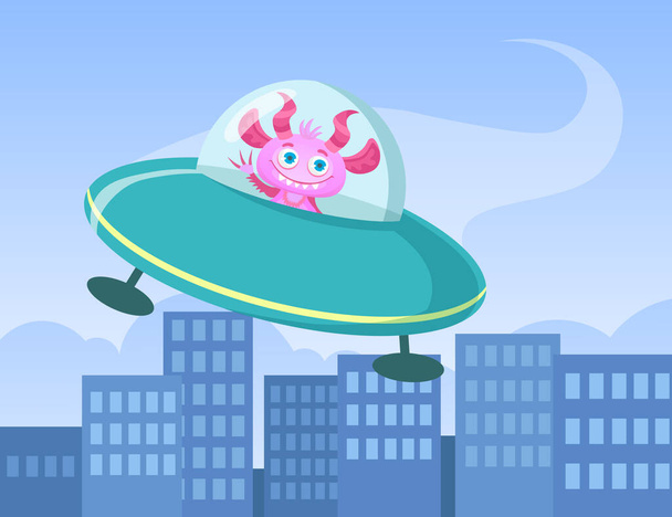 Cartoon funny monster travelling in flying saucer. Flat vector illustration. Cute colorful creature character flying above city in spaceship. Fairytale, magic animals concept for children design, apps - Vector, Image