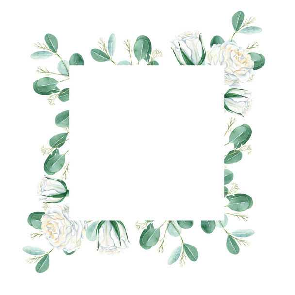 Watercolor floral frame, white roses and eucalyptus branches. Hand drawn botanical illustration isolated on white background. Ideal for vintage stationery, invitations, save the date, wedding - Photo, Image
