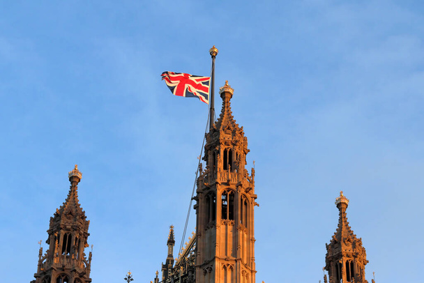 The Union Flag flying at half-mast on the Victoria Tower, tribute to Her Majesty the Queen Elizabeth II - Photo, Image