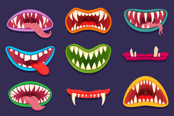 Mouths of cartoon monster characters vector illustrations set. Scary creatures, goblins, trolls or gremlins, tongue and teeth isolated on purple background. Fantasy, Halloween, fairytale concept - Vector, Image
