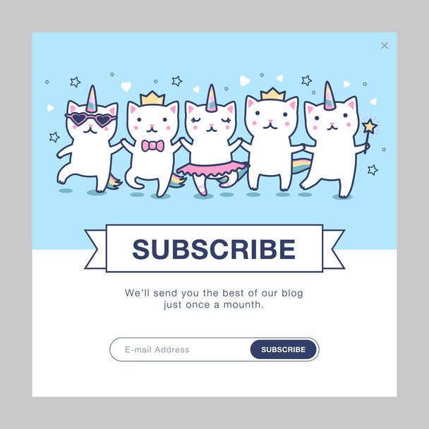Nieuwsbrief ontwerp met eenhoorn katten. Leuke dansende caticorns met regenboog staarten vector illustratie met abonneeknop, doos voor e-mailadres. Feest voor kinderen concept voor abonnement brief ontwerp - Vector, afbeelding