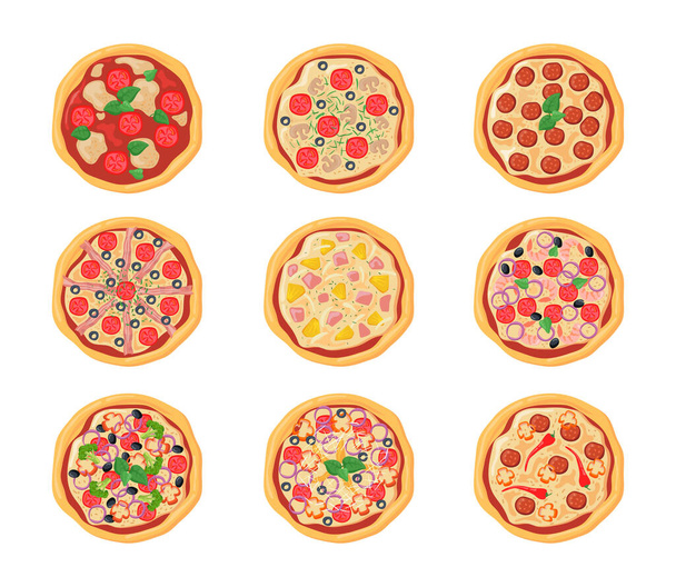 Conjunto de pizzas de dibujos animados con diferente relleno. Ilustración vectorial plana. Colección vista superior de varios pollos, pizzas de pepperoni aisladas en fondo blanco. Comida, menú, pizza, concepto de cocina - Vector, Imagen