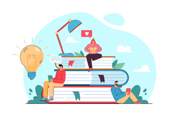 Tiny student sitting on book pile and reading flat vector illustration. Cartoon bookworm people studying and getting new knowledge. Library, literature and education concept - Vector, imagen
