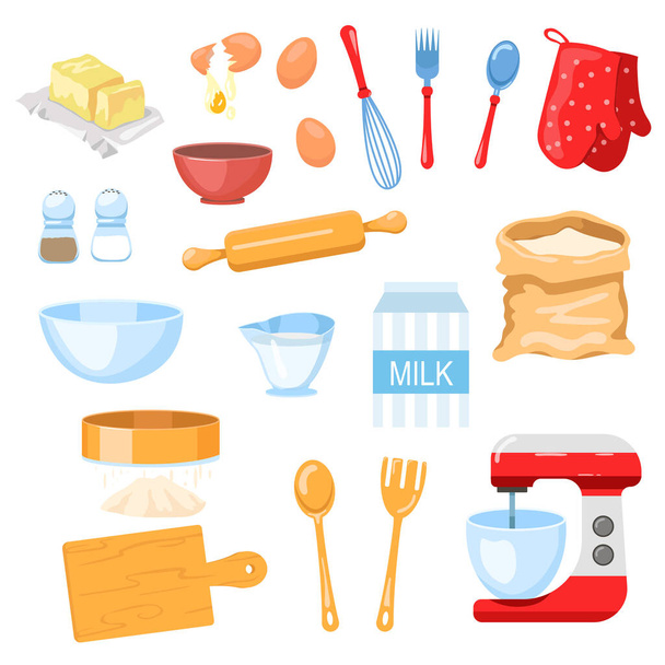 Gereedschap en ingrediënten voor het bakken vector illustraties set. Zak van bloem of suiker, zout, garde, mixer, eieren, boter, dessert recept geïsoleerd op witte achtergrond. Keukengerei, kookconcept, - Vector, afbeelding
