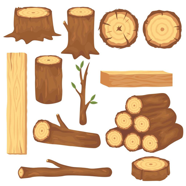 Různé dřevěné klády a kmeny ploché obrázky pro web design. Kreslené dřevěné bederní desky, prkna a větve izolované vektorové ilustrace kolekce. Koncept stavebních materiálů pro lesnictví - Vektor, obrázek