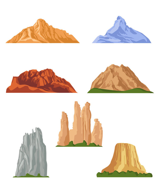 Various mountains flat pictures collection. Cartoon rocky hills, rocks and mountain tops isolated vector illustrations. Landscape design elements and terrain concept - Vector, Image