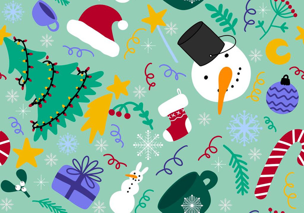Cartoon doodle seamless Christmas tree and snowman and Santa hat and gifts pattern for wrapping new year papers and kids and notebooks and fabrics and packaging. High quality illustration - Foto, Imagen