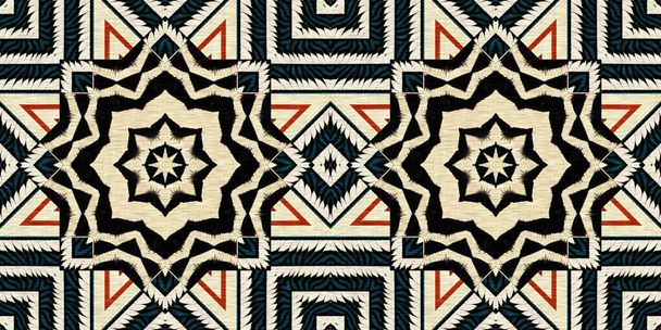 African kente cloth patchwork effect border pattern. Seamless geometric quilt fabric edging trim background. Patched boho rug safari shirt repetitive ribbon endless band - Zdjęcie, obraz