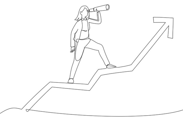 Drawing of businesswoman team manager using telescope to see future standing on top of rising arrow market graph. Investor fortune or profit growth. Single line art style - Vektor, Bild