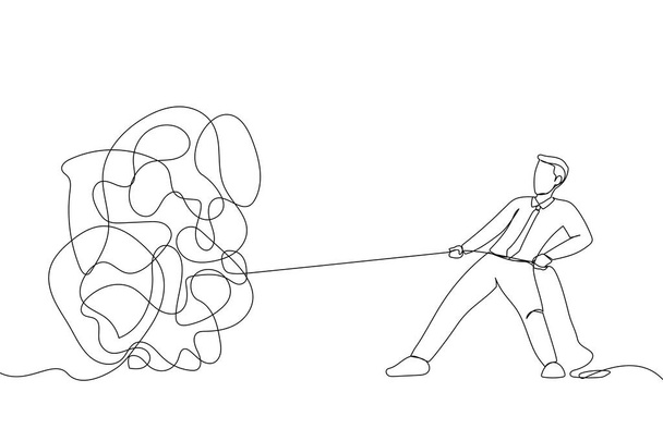 Cartoon of businessman trying to unravel tangled rope or cable. Single continuous line art style - Vetor, Imagem
