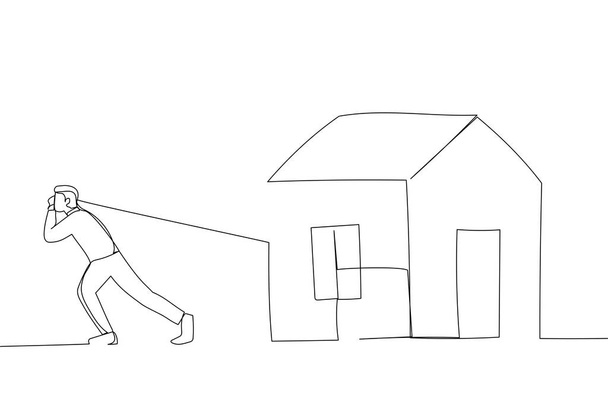Drawing of man pulled heavy houses. Single continuous line art - Vektör, Görsel