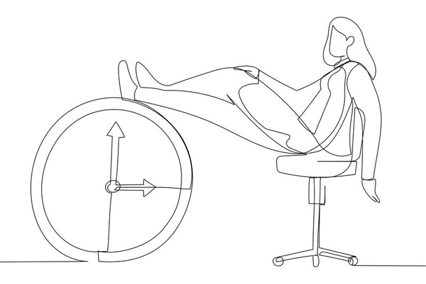 Cartoon of businesswoman sleeping lay down on office chair and alarm clock covered his face with book. Afternoon slump, laziness metaphor. Single continuous line art style - Vektor, Bild
