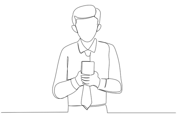 Drawing of young man using his phone while standing. Single continuous line art - Vetor, Imagem