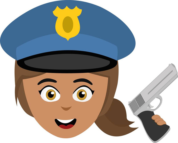 Vektor emotikon illusztráció egy barna rendőrnő rajzfilm, egy kalap és pisztoly a kezében - Vektor, kép
