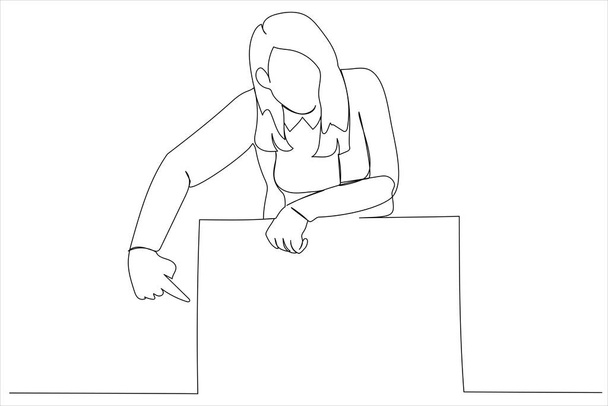 woman standing near blank poster. Single continuous line art style - Vektor, Bild