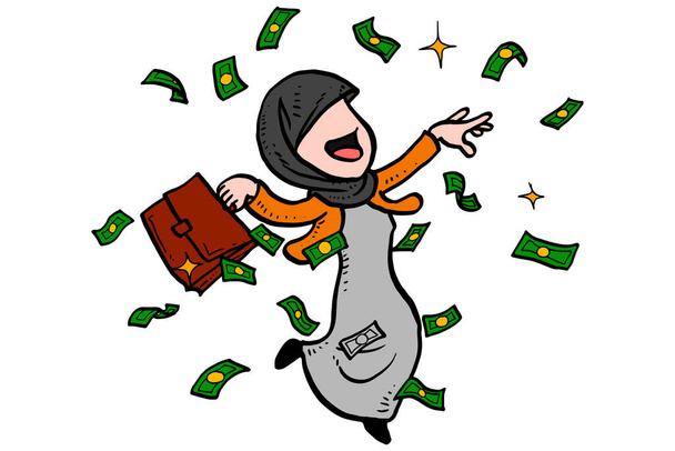 Muslim asian business woman dancing under rain of money. Concept of profit and wealth.  - Vetor, Imagem