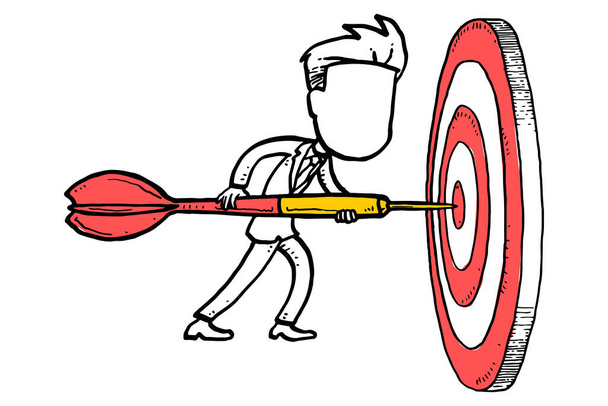 Businessman putting arrow into the dartboard. Business goals and objectives concept. - Vector, Imagen