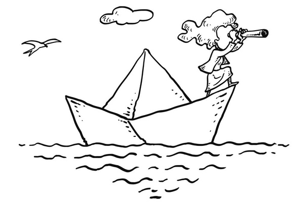 Female entrepreneur on paper boat using telescope for searching opportunity.  - Vector, afbeelding