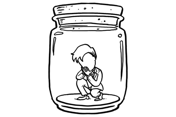 Sad and depressed businessman trapped in a jar. Cartoon vector illustration design - Διάνυσμα, εικόνα