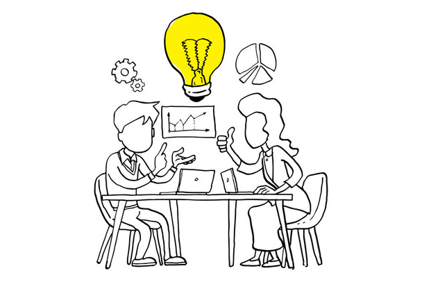 Discussion between co-worker about business. Concept of generating idea. Cartoon vector illustration design - Vektor, Bild