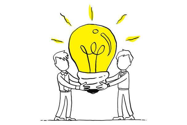 Two person carrying big light bulb. Concept of getting ideas with team. Cartoon vector illustration design - Vetor, Imagem
