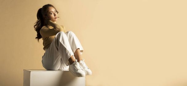 Panoramic shot of fashionable woman posing on beige background. - Foto, imagen