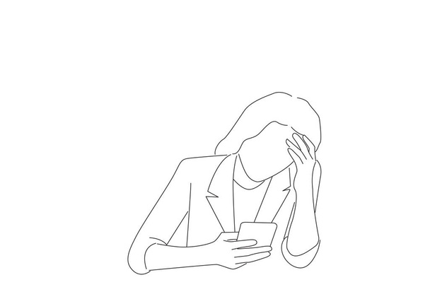 Illustration of confused young businesswoman looking at smartphone screen,  - Vector, Imagen