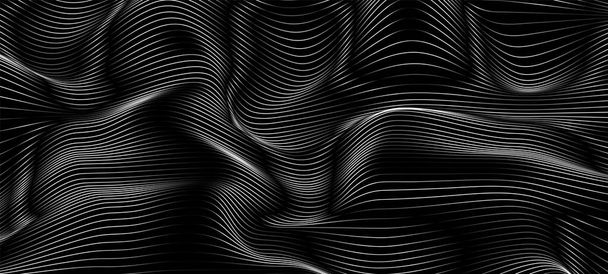 Dynamic particles sound wave line dots flowing over dark black background, Blurred lights vector abstract background, Beautiful wave shaped array of glowing wave line dots - Вектор,изображение