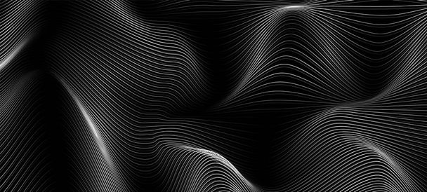 Dynamic particles sound wave line dots flowing over dark black background, Blurred lights vector abstract background, Beautiful wave shaped array of glowing wave line dots - Vecteur, image