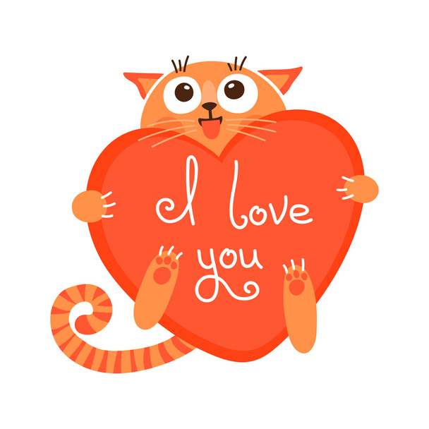 Cute cartoon gember kat met hart en verklaring van de liefde. - Vector, afbeelding