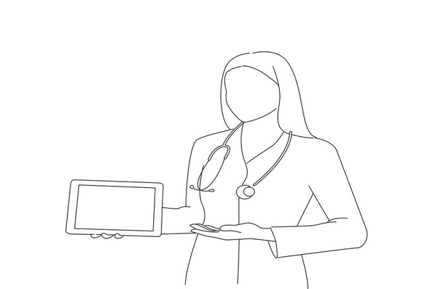 doctor in white coat showing the screen of digital tablet in her hand. Outline drawing style art - Vetor, Imagem