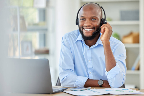Black sales man, call center agent and customer service support advice, consulting and talking conversation loan in office. African, young and happy consultant, crm telemarketing and contact us work. - Φωτογραφία, εικόνα