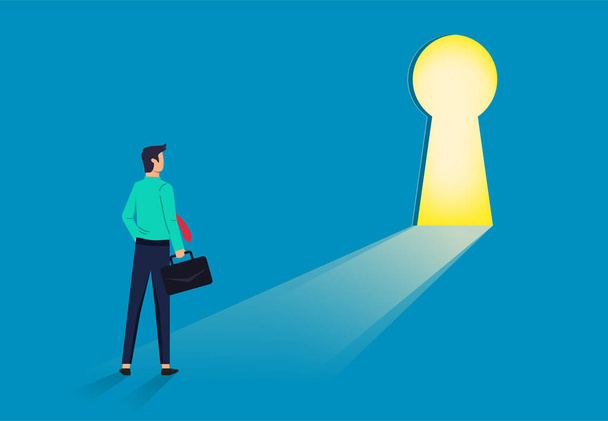 Businessman standing in front of keyhole. Man looks at open opportunities. Dream, success and opportunities concept - Vector, Image