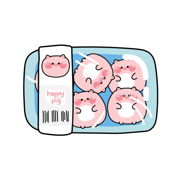 Cute chubby pig cartoon in plastic pack.Shopping market concept.Funny animal character cocept.Food.Pork.Sticker.Isolated.Kawaii.Vector.Illustration. - Вектор,изображение
