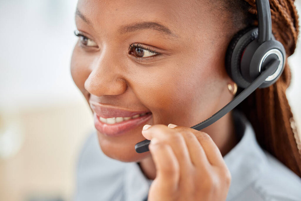 Customer service consultant, call center agent and happy telemarketing operator consulting and giving advice on headset. Face of a confident woman in contact us and crm support company with a smile. - Foto, Imagen
