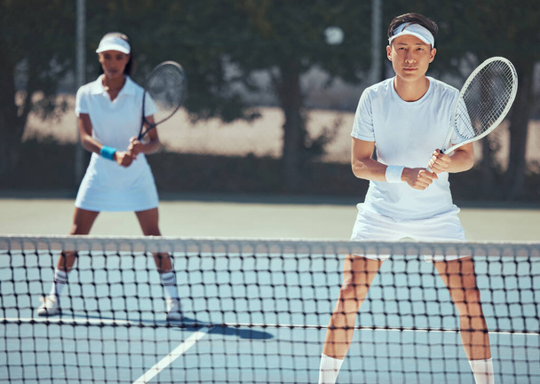 Team of tennis player in competition on court, teamwork in action sports game and training in collaboration for sport together in summer. Portrait of athlete man and woman doing fitness exercise. - Photo, Image