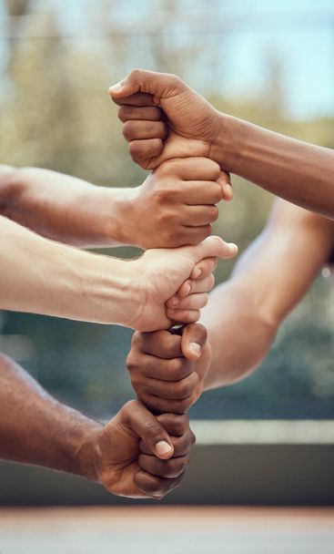 Team diversity hands, support and sports community of men athlete group ready for training. Solidarity, trust and motivation collaboration hand gesture of commitment to teamwork, exercise and workout. - Foto, imagen