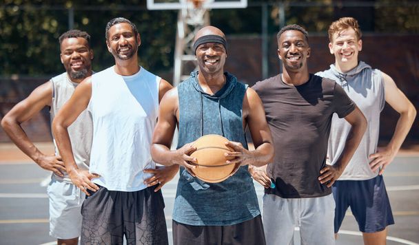 Portrait, basketball and team on sports court training for a competition, game or match with a smile. Workout, athletes and diverse picture of group playing sport for health, fitness and wellness - Photo, Image