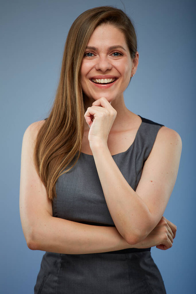 Happy smiling business woman in gray dress isolated portrait. - Fotó, kép