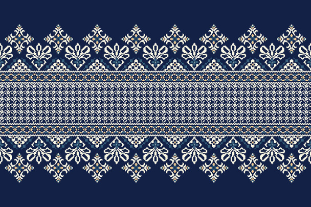 Floral cross stitch embroidery on navy blue background.geometric ethnic oriental seamless pattern traditional.Aztec style abstract vector illustration.design for texture,fabric,clothing,wrapping,print - Vektori, kuva